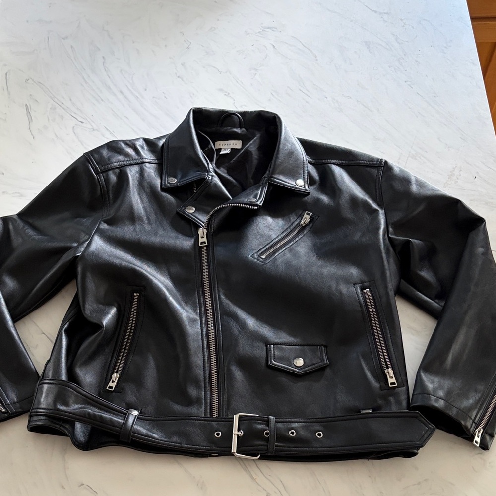 Topshop Classic Black faux Leather Jacket moto zip collar